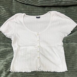 Brandy Melville White Ribbed Short-Sleeve Button Crop Top